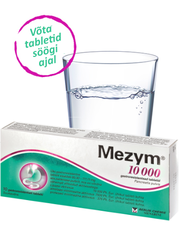 Mezym 10 000 (pankrease ensüümid) tootepilt ja veeklaas